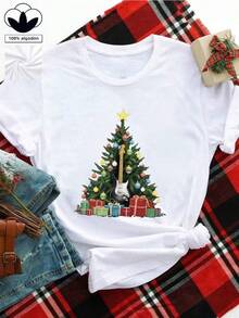 Camiseta casual de mujer, 100% algodón, con estampado gráfico de temática navideña, camiseta de manga corta con cuello redondo casual y cómoda, ropa de primavera y verano, adecuada para cualquier ocasión, color sólido, casual, uso diario. - Blanco - Ver 1