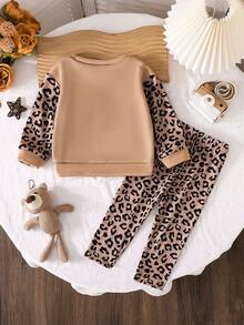 Baby Girl Brown Cat Print Sweatshirt And Leopard Print Straight Pants Set, Autumn/Winter