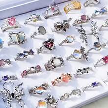 10 件套奢华玻璃镶嵌合金女士戒指套装，可爱优雅的蝴蝶结，心形混合款式，可打开戒指，适合派对、婚礼、日常佩戴、时尚珠宝、最佳礼物，随机搭配 - 10個隨機玻璃戒指 - 查看 8