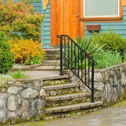 Outvita Handrails For Outdoor Steps, Black Wrought Iron Handrail Fits 3 Or 4 Steps, Transitional Handrail With Installation Kit, Stair Railing For Concrete Steps Or Wooden Stairs