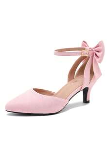 MAIERNISI JESSI Women's Wedding Evening Party Bow Kitten Heels Pumps Ankle Strap Buckle Dress Shoes - 粉色 - 查看 11