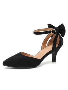MAIERNISI JESSI Women's Wedding Evening Party Bow Kitten Heels Pumps Ankle Strap Buckle Dress Shoes - 黑色絨面 - 查看 9