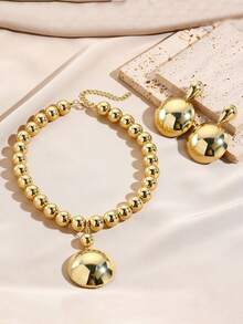 3pcs Simple & Elegant Pearl Necklace & Earrings Set, Detachable Metal Semi-Circle Pendant, Suitable For Women, Party, Festival, Wedding