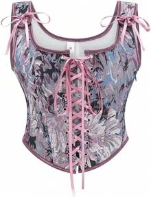 Womens Vintage 1920s Renaissance Lace Trim Corset Bustier, Retro Fashion - 紫色雛菊 - 查看 4