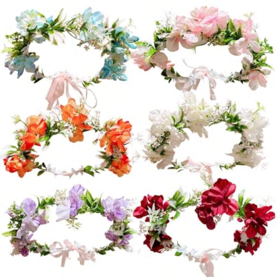 QY- 5Pcs Flower Wreath Headbands Floral Hair Wreaths Flower Crowns With Ribbons Floral Crowns For Women GirlsRandom Color -6459 - 多彩的 - 查看 1