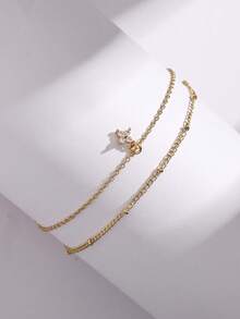 Tkool 2 pièces/set Pendentif trèfle à quatre feuilles avec chaîne, micro-incrusté de zircone cubique à double couche, bijou de cheville pour femmes, port quotidien (quantité de perles de chaîne aléatoire) - Or jaune - Voir 2