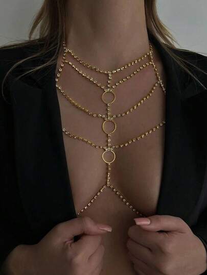 Women's Gold Crystal Body Chain, Sexy Showgirl Stage Style Multi-Layer Chest Ornament With Ring, Nightclub Party Accessory
