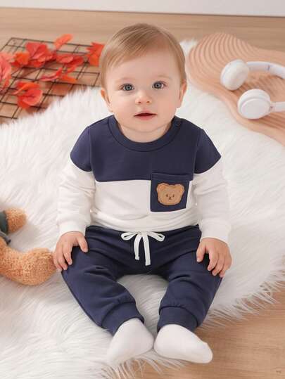 2pcs/Set Casual Cute Cartoon Applique Patchwork Colorblock Crew Neck Long Sleeve Sweatshirt And Front Tie Elastic Waist Pants Set, Soft & Comfortable Baby Boy Clothes, Toddler Boy Outfit, Suitable For Daily, Vacation, Party, Outdoor