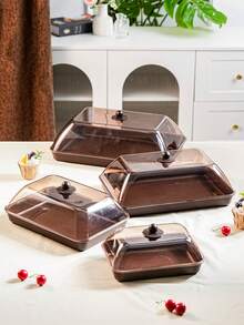 Multi-Size Rectangular Display Plastic Trays With Dustproof Lids, Unbreakable, Reusable Fruit/Dessert/Snack/Cake Platters, Suitable For Festivals, Weddings, Parties, And Banquets - Brown - View 2