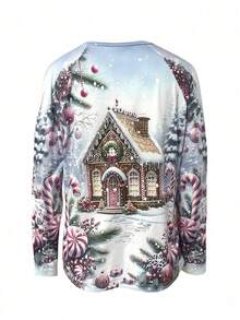 Top de Manga Longa Casual Feminina com Gola Careca, Manga Raglan e Recortes Coloridos com Padrão de Casa de Neve Mágica de Natal - Branco - Visão 3
