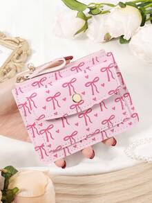 Pink Bow Love Pattern Bag,Elegant Wine Red Leather Card Holder With Flip Closure & Multi-Card Slots – Premium Short Wallet For Credit Card, Bank Card, And Coin Storage, Durable & Scratch-Resistant, Perfect For Travel, Shopping, And Gifting To Girlfriend, Mother, Or Teacher - Pink - View 10