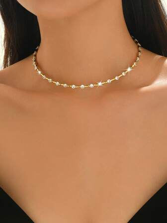 1pc Women's Elegant Luxury Zirconia Choker Necklace, Adjustable Elastic Design With Bamboo Node Shape Embedded Transparent Zirconia, Conveying A Luxurious Vibe, Suitable For Evening Gala, Dates, Luxury Casual Outfits