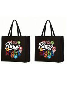 Bingo Night Women's Tote Bag And Wallet Set, Fabric Structure, Hand Washable, Unclosed, Lined, Casual Shoulder Back, Vacation Style Letter Design Tote Bags