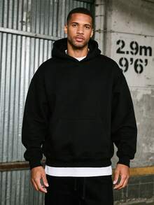 1PC Men's Black Solid Color Drop Shoulder Long Sleeve Drawstring Pocket Casual Hoodie, Autumn/Winter, Suitable For Work, Daily Office Sports, And As A Gift For Husbands And Boyfriend - 黑色 - 查看 3