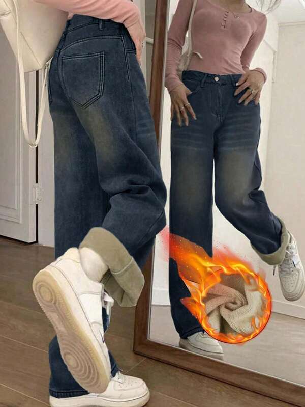 Streetwear Straight Leg Slant Pocket Thickened Denim Thermal Lined Low-Rise Jeans, Autumn/Winter Warm Pants Y2K Music Festival