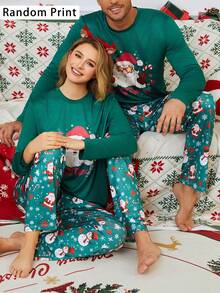 2 件套男士圣诞随机印花图案常规版型圆领套头衫和裤子宽松睡衣套装，轻便，适合春秋季 - 綠色 - 查看 2