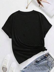 Camiseta casual de mujer, 100% algodón, con estampado gráfico de playa y océano, camiseta de manga corta con cuello redondo casual y cómoda, ropa de primavera y verano, adecuada para cualquier ocasión, color sólido, casual, uso diario. - Negro - Ver 3