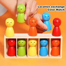 12pcs Wooden Smiling Face Doll Color Matching Memory Game, Educational Puzzle Toy For Children, Parent-Child Interactive Activity And Creative Board Game - 彩色 - 查看 5