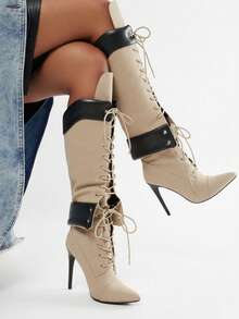 Y2K Style Luxury Fashion Women's Over Knee Boots Pointed Toe Lace Wide Calf Zip Stiletto Heel Shoes Motorcycle Dressy Party Boots - 米色 - 查看 5