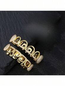 1 szt./2 szt. w stylu hip-hopowym, wydrążone zęby wampira, inkrustowane błyszczącą cyrkonią, platerowane 18-karatowym złotem, akcesoria na Halloween, świąteczne, uliczne, w zestawie pęseta i wosk dentystyczny, wydrążone aparaty ortodontyczne w stylu hip-hopowym, inkrustowane cyrkonią 5A, zęby zombie odgrywają rolę akcesoriów do aparatów ortodontycznych w stylu rap.