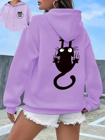Plus Size Women's College Kitten Pocket & Black Cat Graphic Hoodie Hooded Long Sleeves Casual Spring/Summer/Fall Women's Plus-Size Long-Sleeved Hoodie Sweatshirt Halloween Going Out Tops Women,Vacation Outfits Women