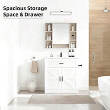 31 Inch Bathroom Vanity With Sink, Farmhouse Freestanding Bathroom Cabinet With Drawer & 2 Barn Doors, Black/ White - 白色 - 查看 5