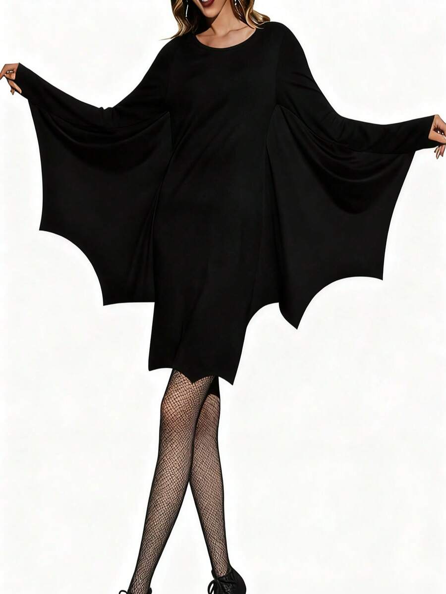 1 件女士万圣节服装连衣裙，圆领露肩蝙蝠袖设计 - 黑色 - 查看 1