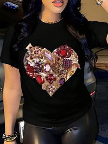 Camiseta Casual de Verano para Mujeres con Diseño de Corazón de Rhinestone, 100% Poliéster, Cuello Redondo, Tejido de Punto Transpirable, Estilo Deportivo para Primavera/Verano - Rosa/Beige - Negro - Ver 6