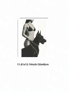 1 pieza Impresión sin marco de modelo de moda en blanco y negro y Doberman, arte de pared urbano con estética de estilo callejero, póster moderno vintage para dormitorio, sala de estar, regalo de retrato de animal monocromo, decoración de habitación Funkyposters
