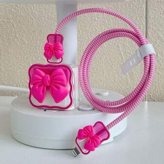 5 piezas de protectores de cable de carga con forma de corazón y lazo de colores de moda/rojo rosa, compatibles con carga rápida de 18/20W para iPhone 14 Pro Max, 12, regalo para novio/novia