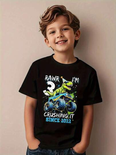 Dinosaur and monster truck letter pattern printed T-shirt /Casual fashion cuello redondo manga corta 170g para niños y adolescentes de 4 a 16 años 100% algodón lavable a máquina
