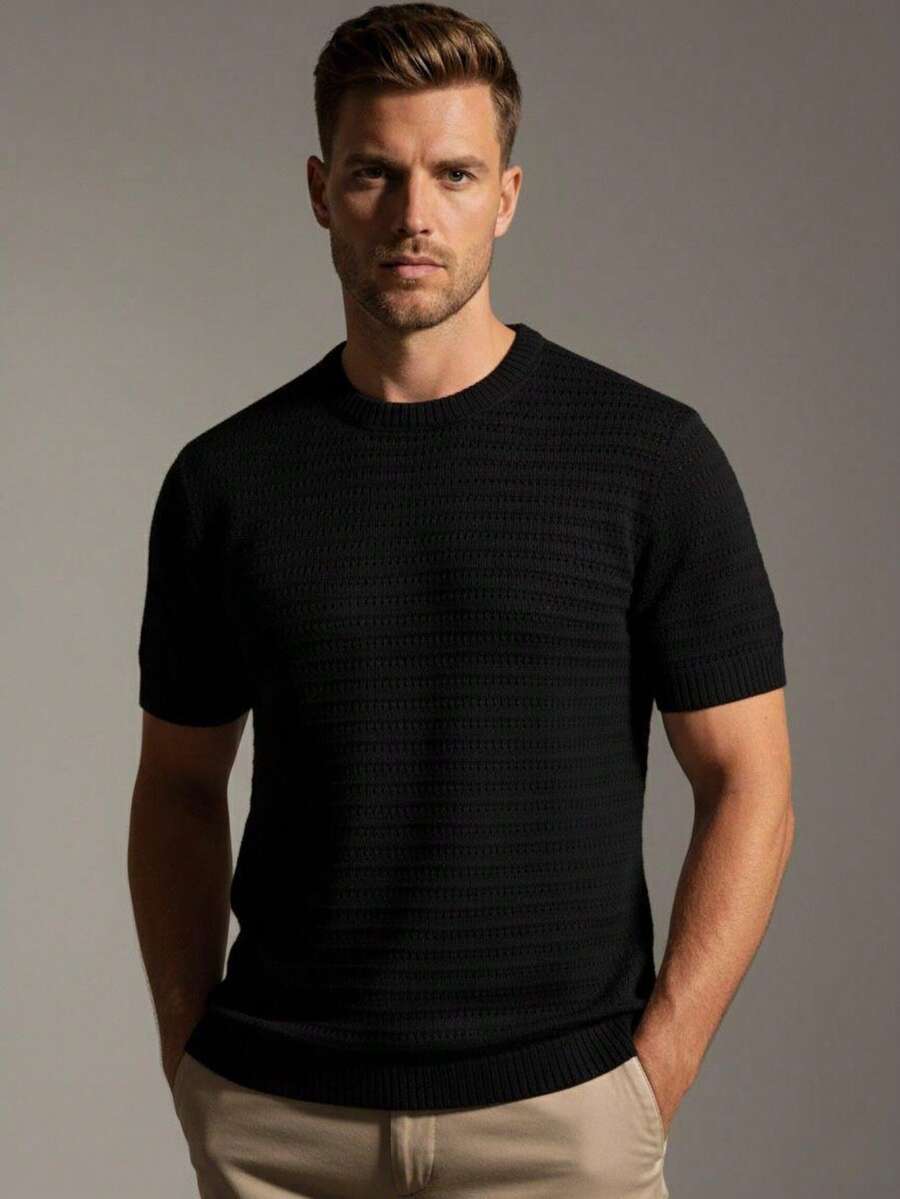 Men's Textured Lightweight Knit T-Shirt, High Quality Premium Spring Summer 26 - 黑色 - 查看 1