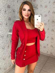 Women's 3-Piece Social Set Blazer + Cropped Top + Short Skirt With Trijunto Details - 紅色 - 查看 2