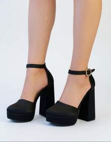 Zapatillas altas para mujer, tacón alto ancho, cerradas, con correa tobillo, punta redonda, para eventos, fiestas, bodas, cómodas, hebilla redonda. Primavera-Verano - Negro - Ver 9