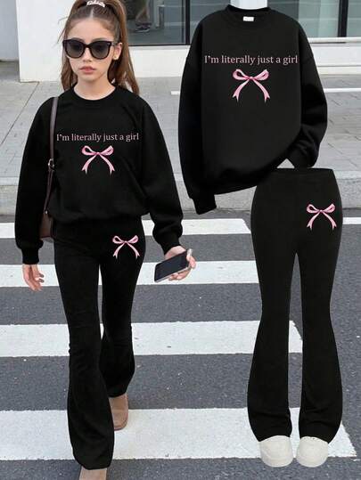2 Pieces Teen Girl Soft Cute Slogan Bow Print Long Sleeve Hoodie Set, Teen Fashion For Camping Trip, Summer-Fall