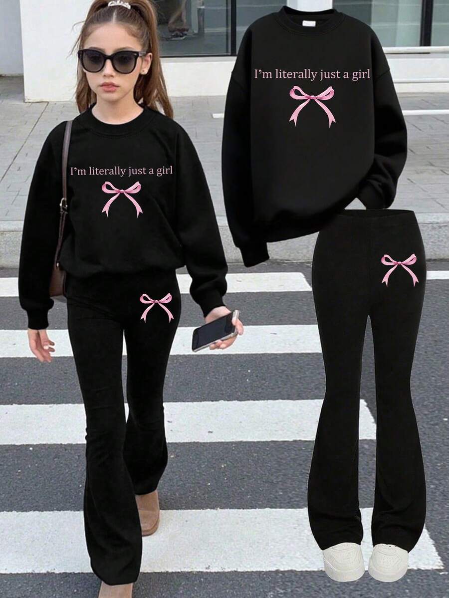 2 Pieces Teen Girl Soft Cute Slogan Bow Print Long Sleeve Hoodie Set, Teen Fashion For Camping Trip, Summer-Fall - Black - View 1