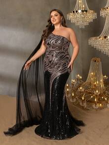 Women's Plus-Size One-Shoulder Sequin Mermaid Evening Gown With Detachable Cape Sleeve & Corset Back, Elegant Formal Dress With Trumpet Hem For Black Tie Galas, Wedding Guest Dresses, Mother Of The Bride Gowns, Red Carpet Events, And Formal Dinners - Black - View 8