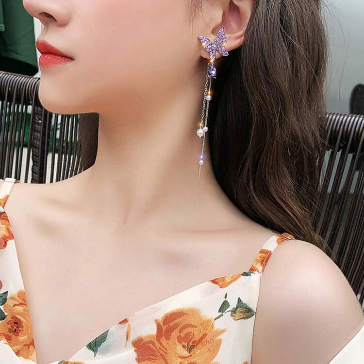 1 Pair Of Fairy Sweet Butterfly Earrings High-End Socialite Style Long Tassel Face-Slimming Earrings - 紫色 - 查看 3