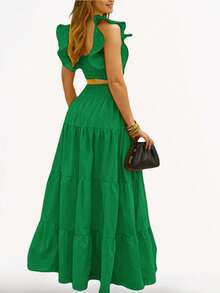 ZIAI 2025新款夏季中腰性感吊带喇叭裙时尚印花两件套女装 - 墨綠色 - 查看 5