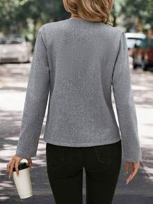 Womens Open Front Crop Jacket Solid Color Long Sleeve Round Neck Button Down Coat With Pockets - Grey - View 7