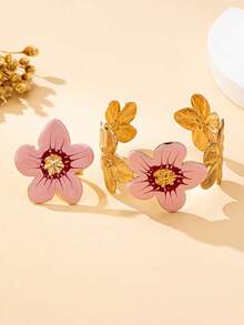 2 件套女士首饰套装，可调节彩色花朵手镯和戒指波西米亚风格，适合日常佩戴 - 粉色 - 查看 4