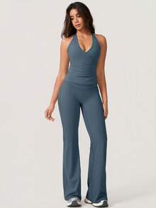 NcmRyu 1套女式性感露背深V领喇叭形运动套装 - Iron Gray - 查看 6