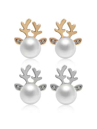 Christmas Pearl Deer Horn Earrings, Deer Head Creative Earrings For Women