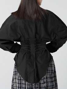 Women's Elegant Fitted Shirt, Fashionable Waist Bandage Design Ladies Shirt, Niche Black Long Sleeve Top With Adjustable Drawstring, Spring/Summer - Black - View 2