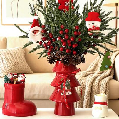 圣诞红靴子，圣诞树花瓶，可爱的树脂花盆，适合花卉中心装饰，独特的现代花瓶，适合家庭、客厅、书架、办公室装饰