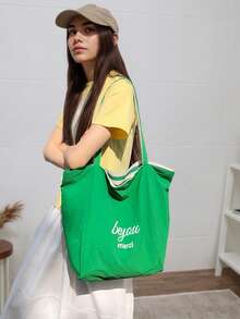 Women's Reversible Canvas Tote Bag With Stripes - Large Capacity Shoulder Bag For Commuter, Shopping And Travel - 綠色 - 查看 2