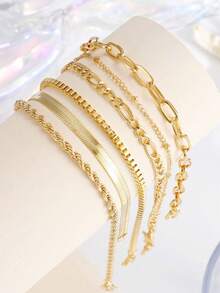 1 Set de Tobilleras de Cadena Dorada Vintage de Moda Creativa y Sencilla para Mujer, Set de 6 piezas