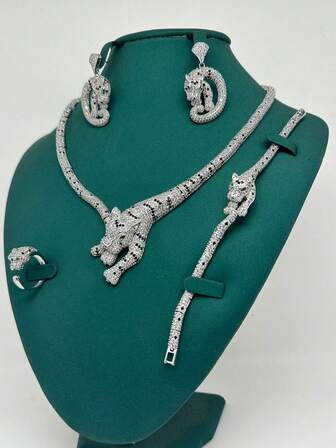 4 st lyxiga smyckeset med halsband, örhängen, ringar och armband med kubisk zirkonia och leopardmönster, bladform, för kvinnor, fest, bröllop, alla hjärtans dag-present