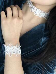 1 Pair Vintage Style Black Lace Trim Necklace & Bracelet Set, Elegant Sexy Choker Necklace, Suitable For Wedding, Halloween, Christmas