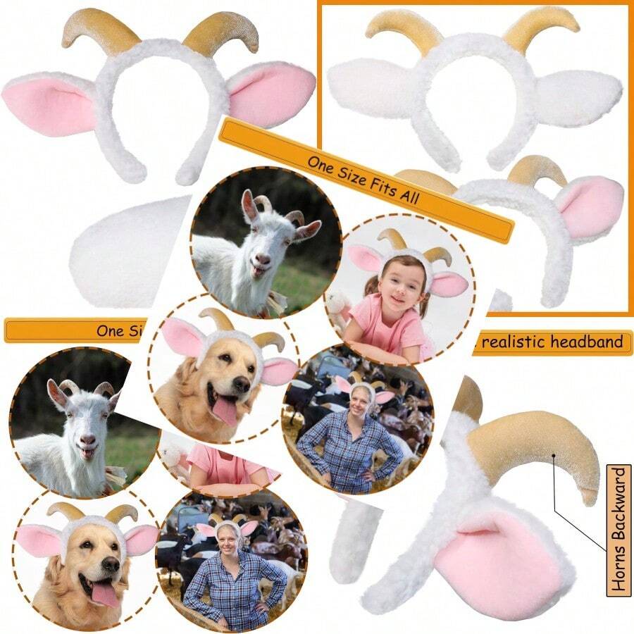 Goat Ears Headband With Ram Horns And Tail Furry Goat Costume Accessory. - 白色 - 查看 1